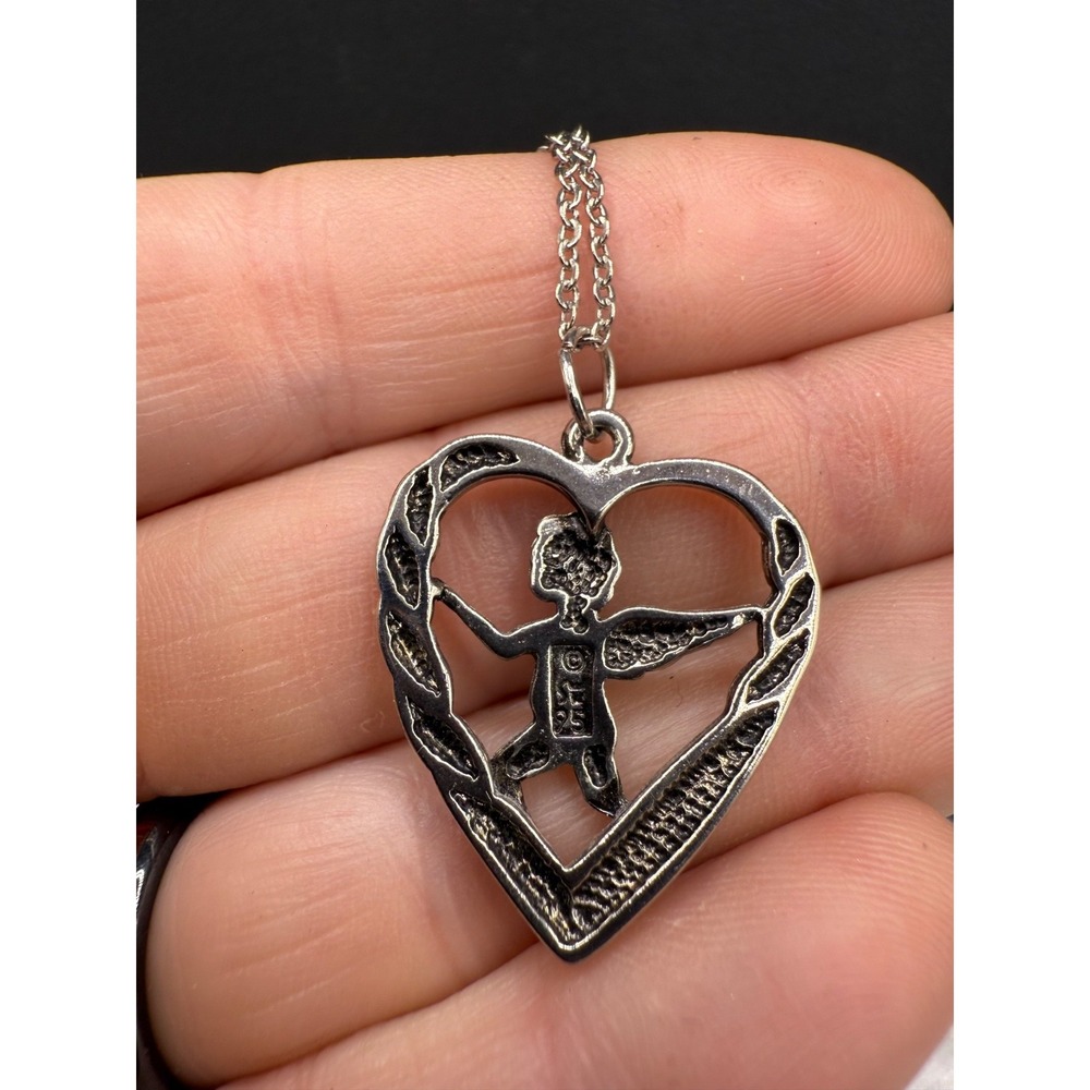 Vintage‎ Necklace Angel Heart Silver Tone Signed 18" - Picture 7 of 9